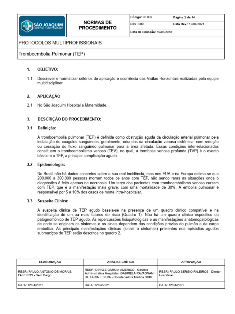 Normas para Tromboembolia Pulmonar (TEP) | PDF | Medicina Clínica | Remédio