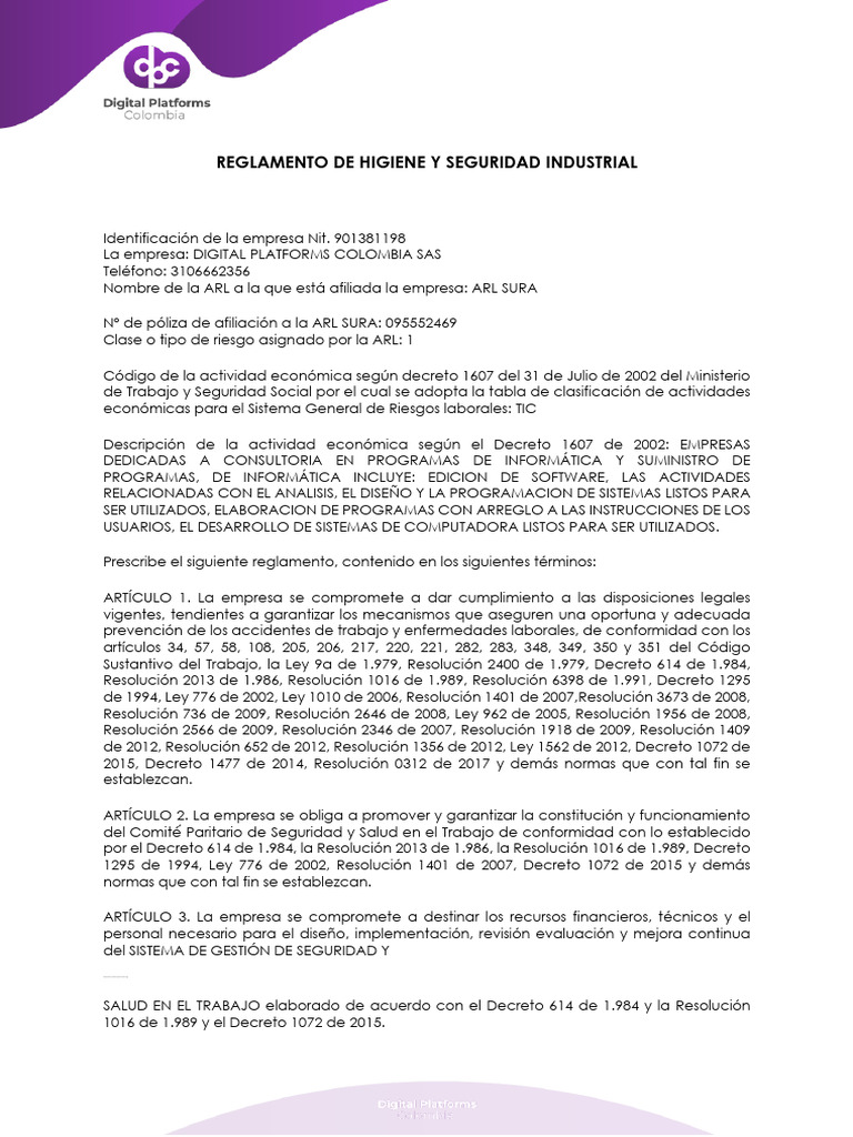 Reglamento de Higiene y Seguridad en El Trabajo | PDF | Regulación ...