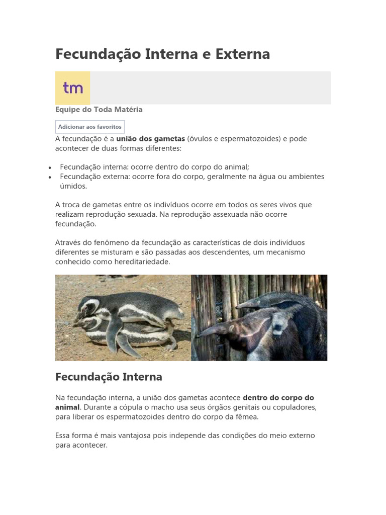 Fecundação Interna e Externa | PDF