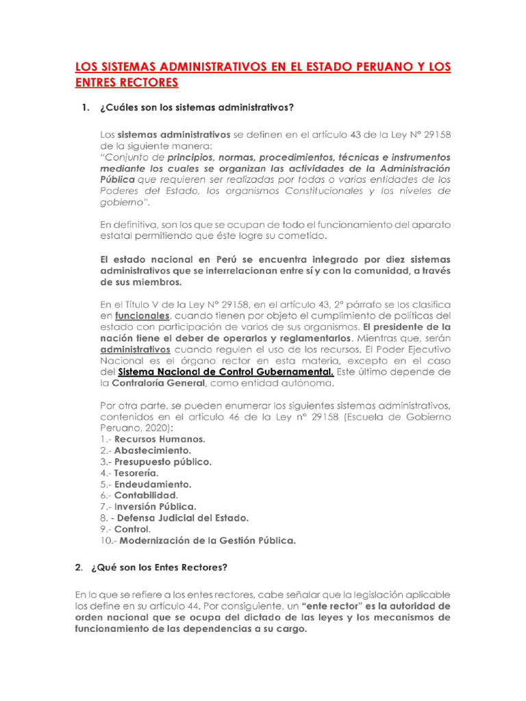 Los Sistemas Administrativos En El Estado Peruano Y Los Entres Rectores