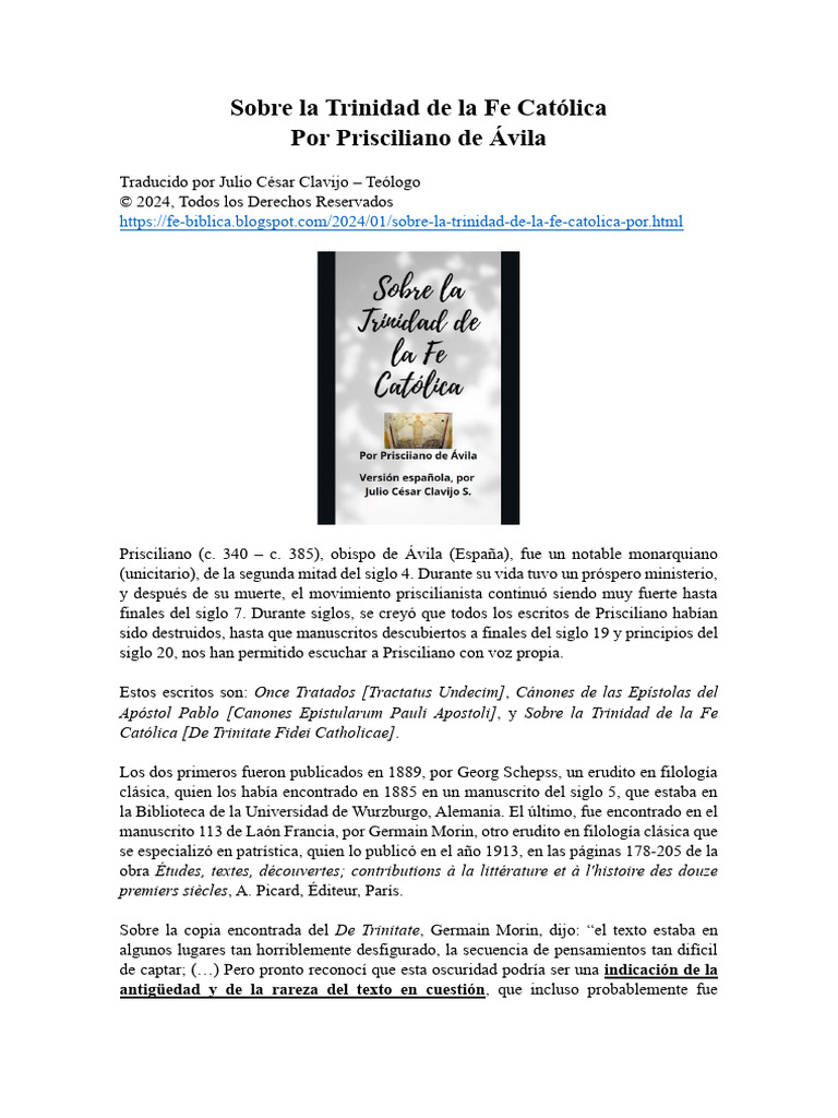 Trinidad en la Fe Católica de Prisciliano | PDF | Teología | Creencia ...