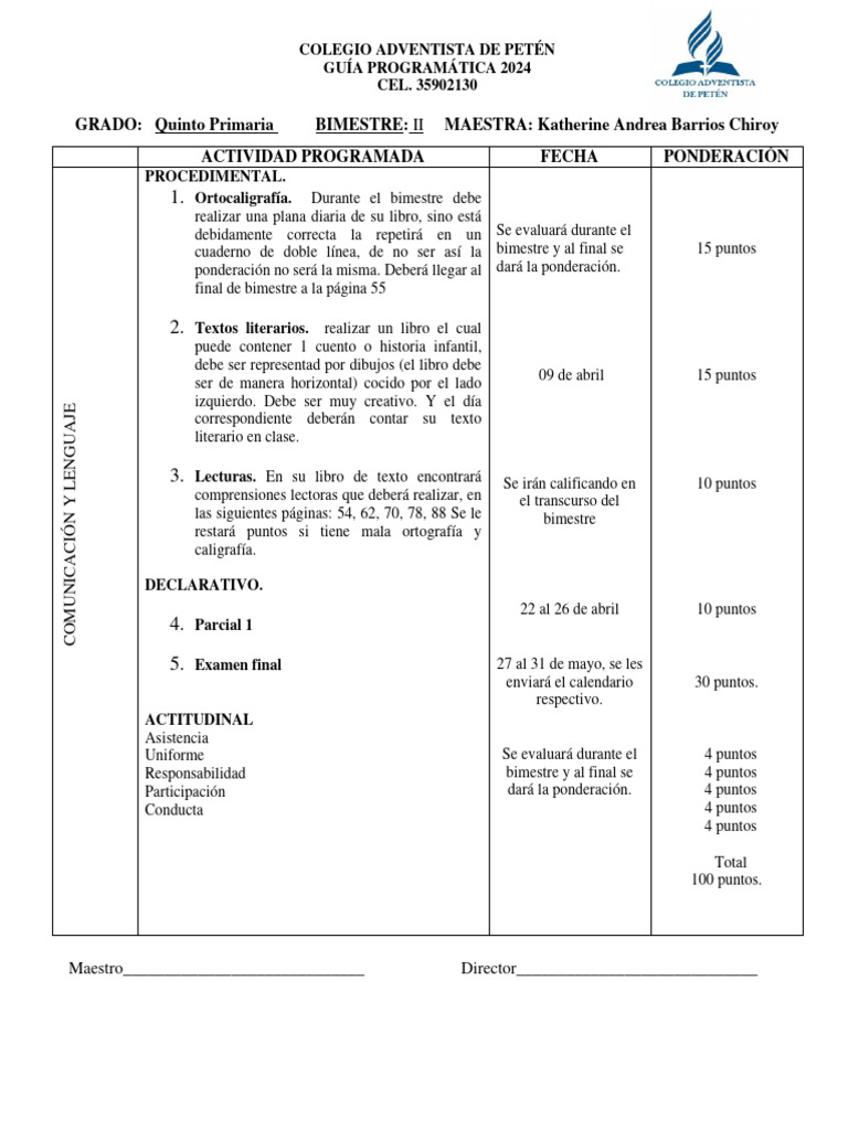 Guía Programática Quinto Primaria 2024 | PDF