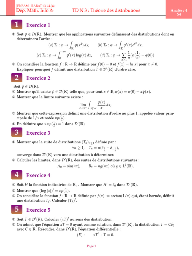 Théorie des distributions - TD N°3 ENSAM | PDF | Mathématiques ...
