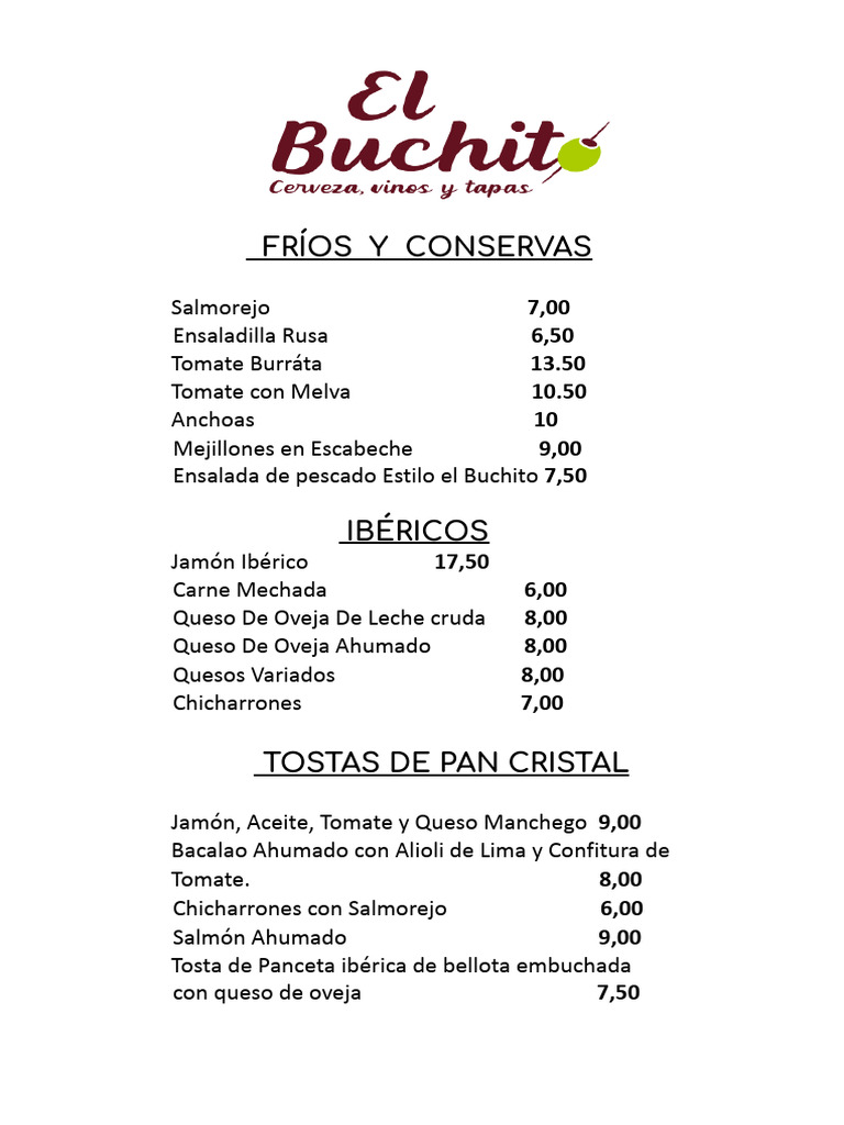Menú del Bar El Buchito San Pedro | PDF | Alimentos | Cocina