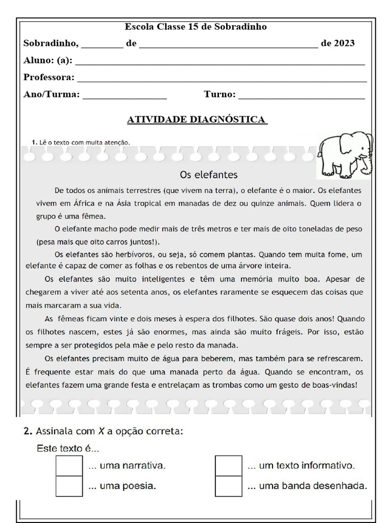 Atividade Do Elefante 5 Ano 2023 | Download grátis PDF | Linguística