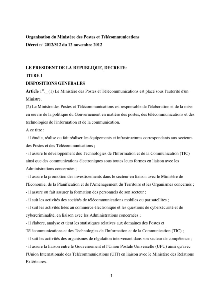 Organisation du Ministère des Postes et Télécommunications | PDF ...