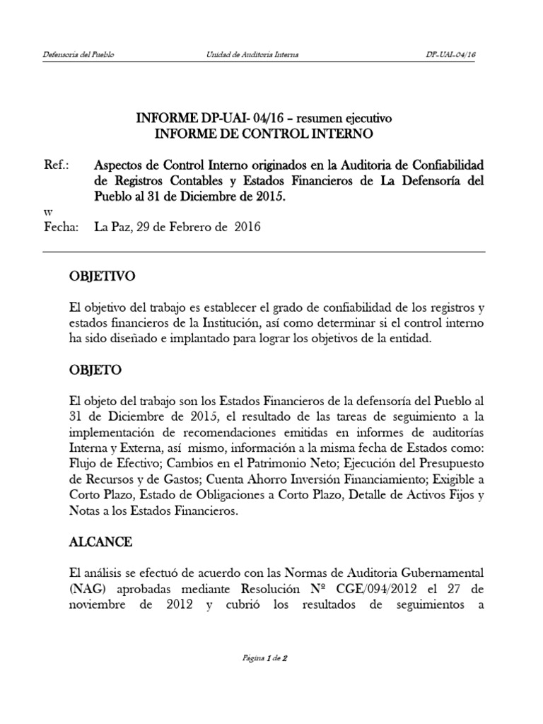 Informe Ejecutivo de Control Interno 2015 | PDF | Auditoría | Estado ...
