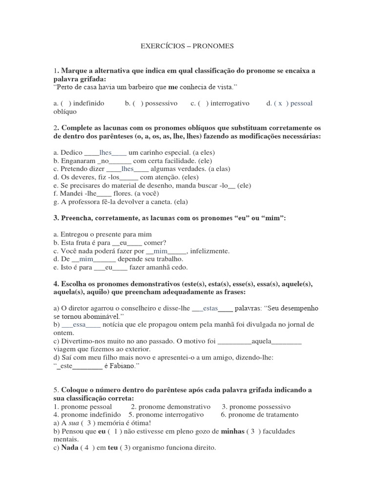Exercícios sobre Pronomes em Português | PDF | Pronome | Gramática
