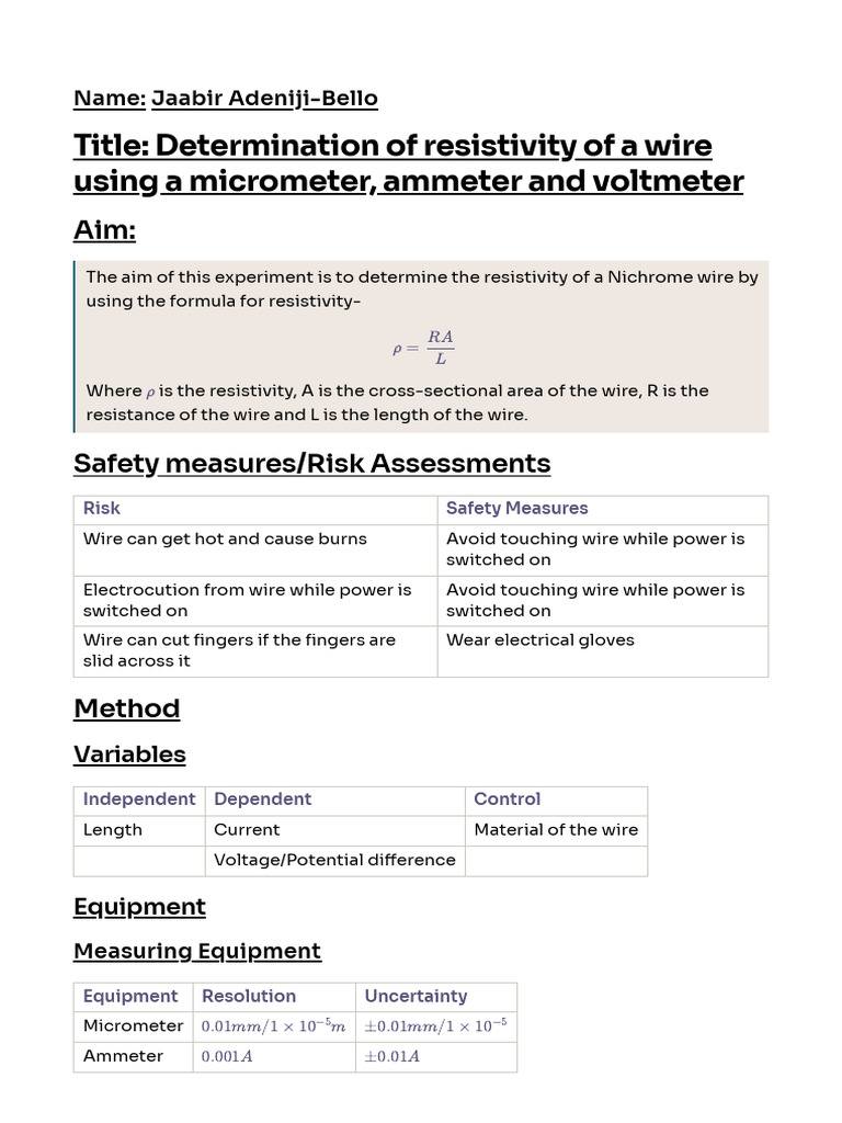 Resistivity Measurement of Nichrome Wire | PDF | Electrical Resistivity ...