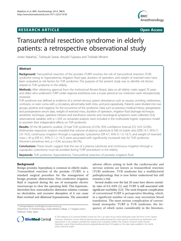 TUR Syndrome Risks in Elderly TURP Patients | PDF | Anesthesia | Blood ...
