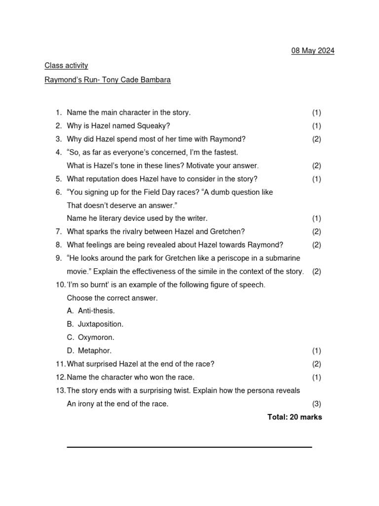 Raymond's Run Class Activity | PDF