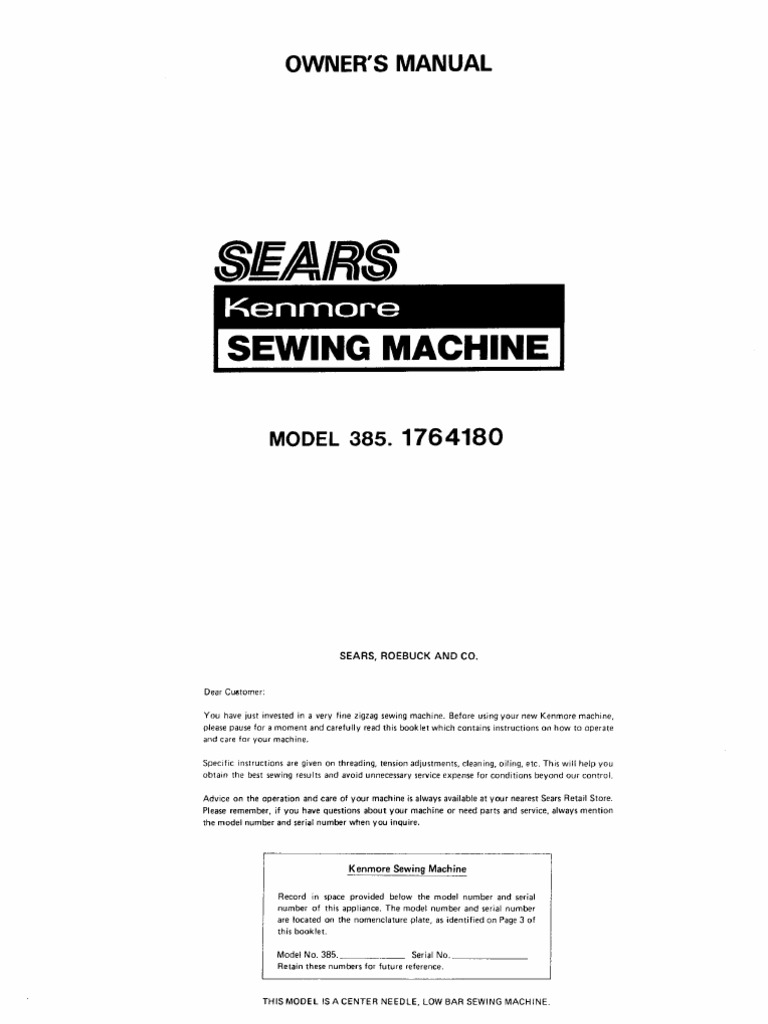 Kenmore Sewing Machine Manual Model 385-1764180 | Sewing Machine | Seam ( Sewing)