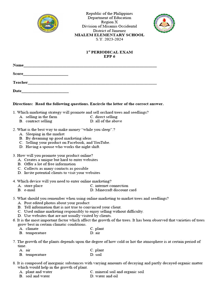 EPP 6 Periodical Exam Guide | PDF | Soil | Fertilizer