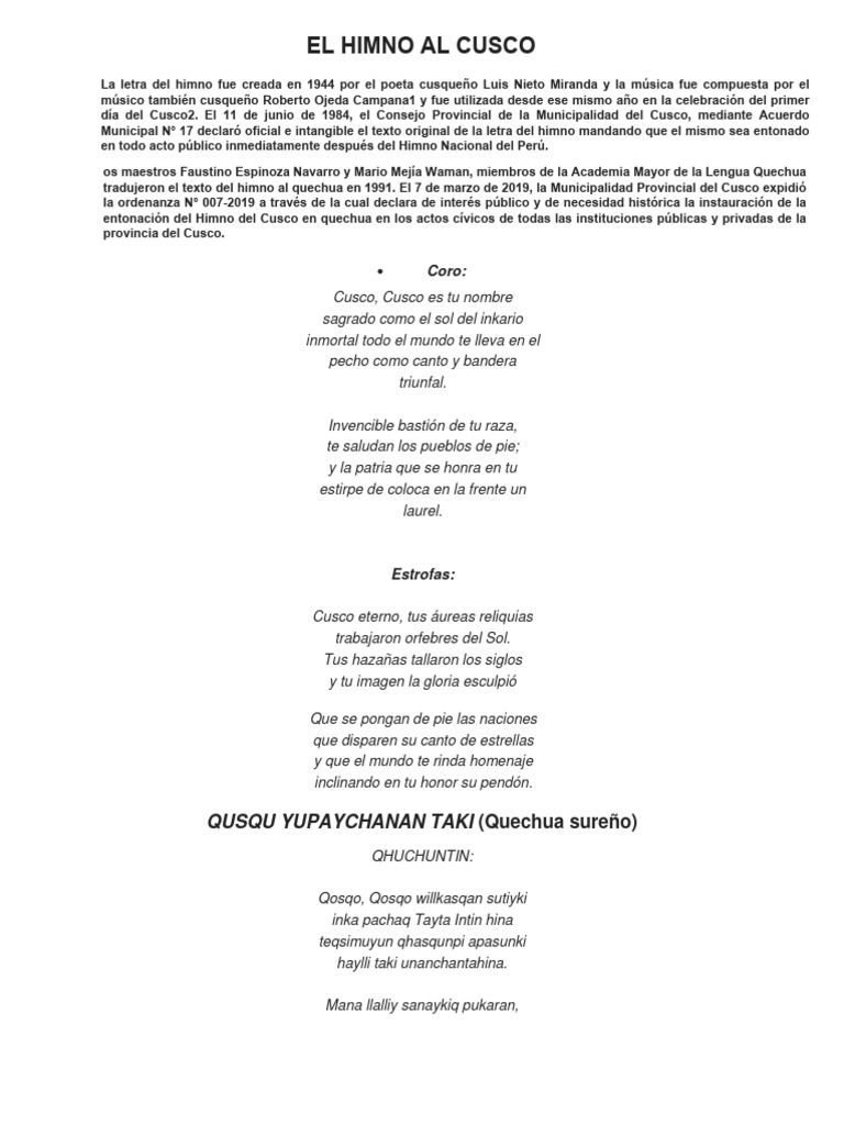 Himno al Cusco: Letra y Origen | PDF | Andes | Símbolos nacionales