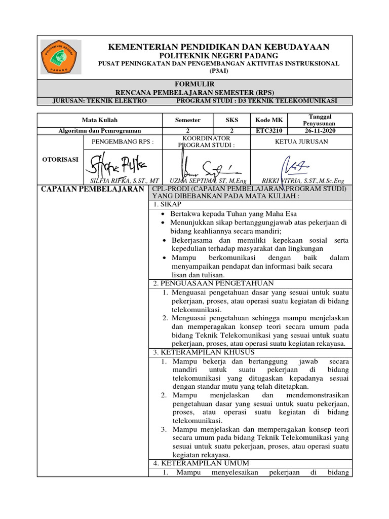 RPS Algoritma dan Pemrograman D3 | PDF