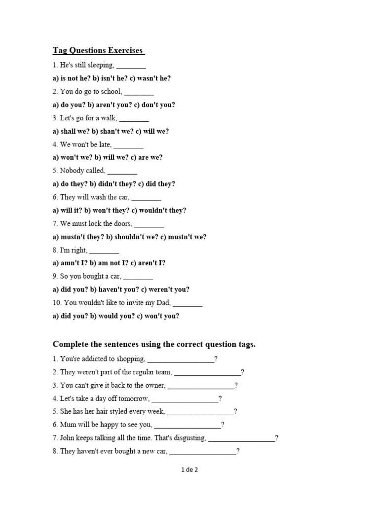 Tag questions exercises pdf