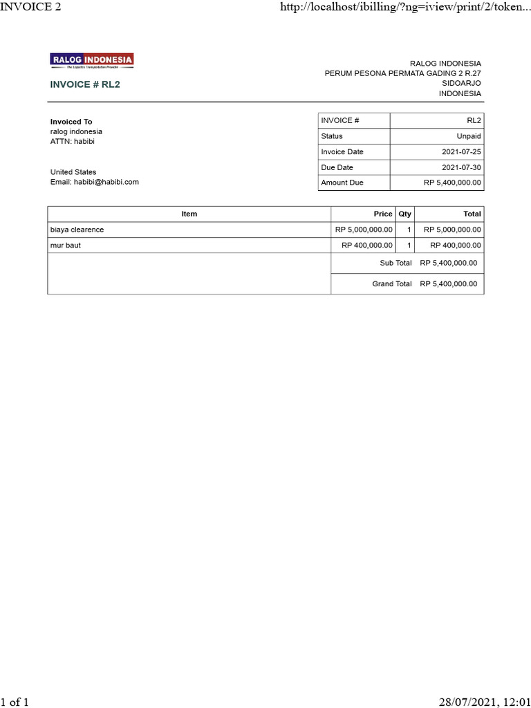 Unpaid Invoice RL2 from Ralog Indonesia | PDF