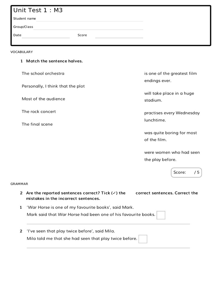 M3 Unit Test: Vocabulary & Grammar | PDF | Performing Arts