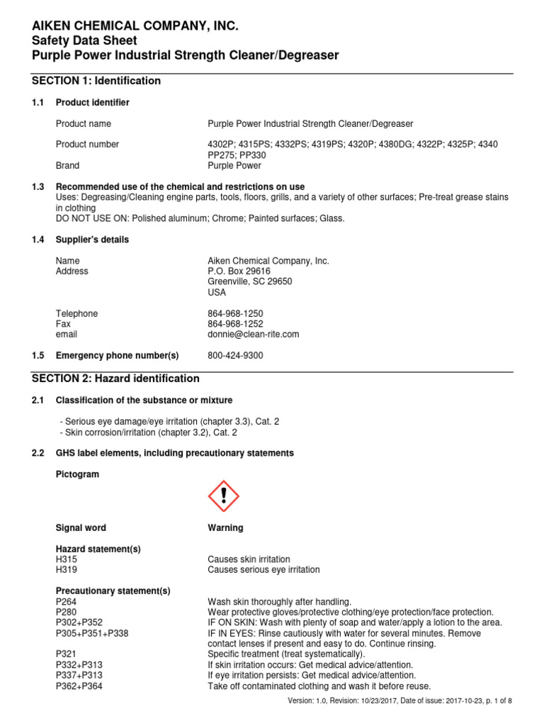 Purple Power Cleaner Safety Data Sheet | PDF | Toxicity | Dangerous Goods