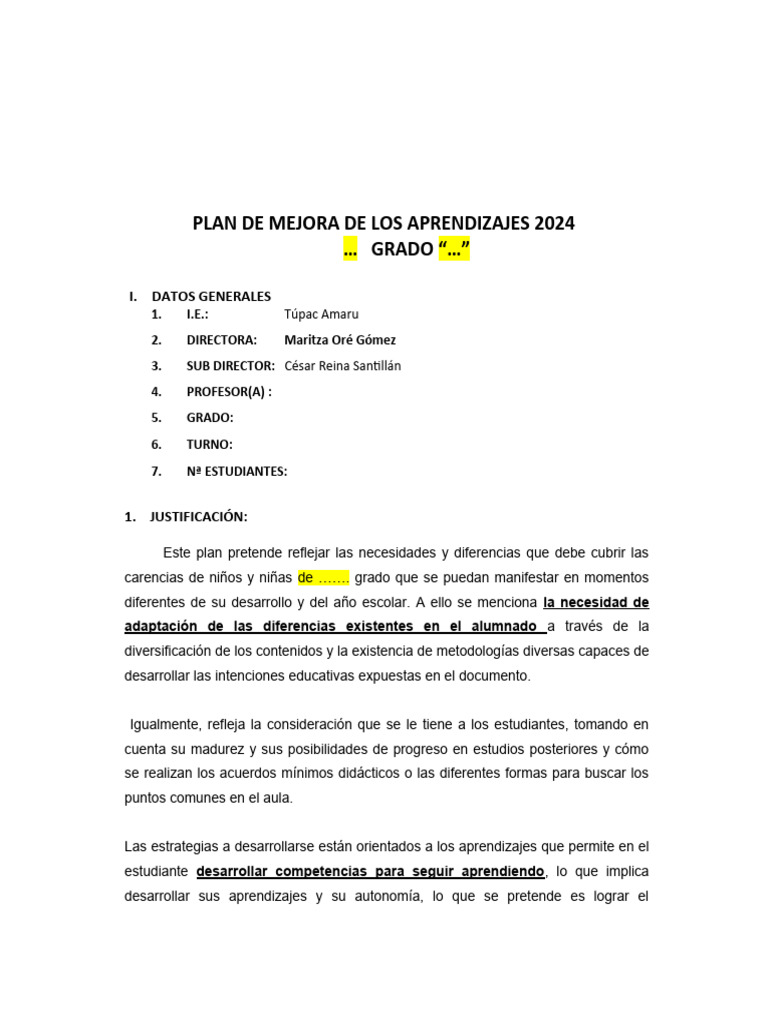 Plan de Mejora de Aprendizajes 2024 | PDF | Aprendizaje | Evaluación