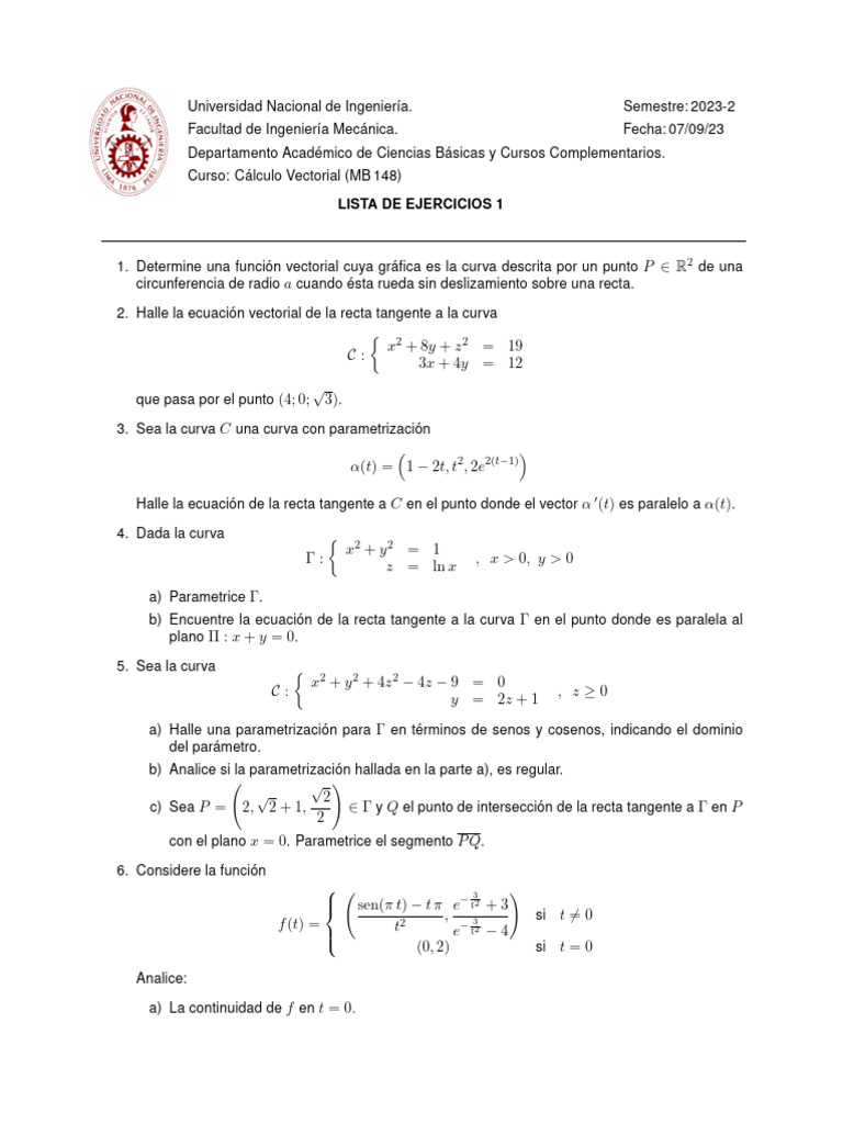 Lista de Ejercicios - 1 | PDF | Curva | Vector Euclidiano