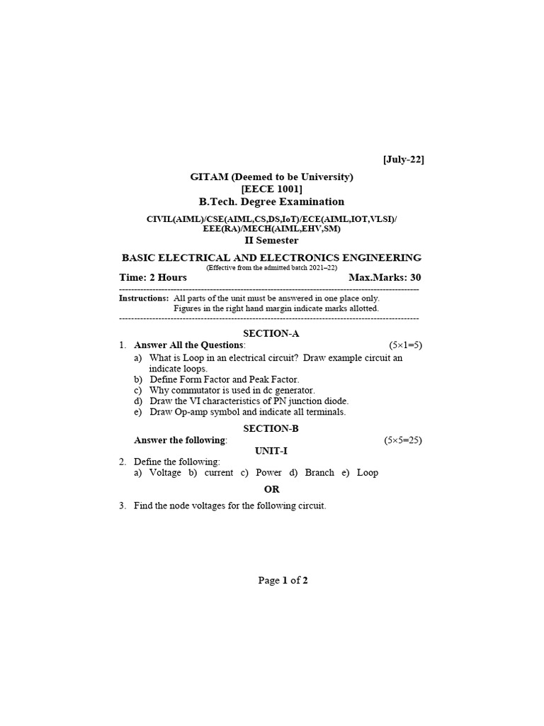 Basic Electrical & Electronics Exam Paper | PDF | Electrical Network ...