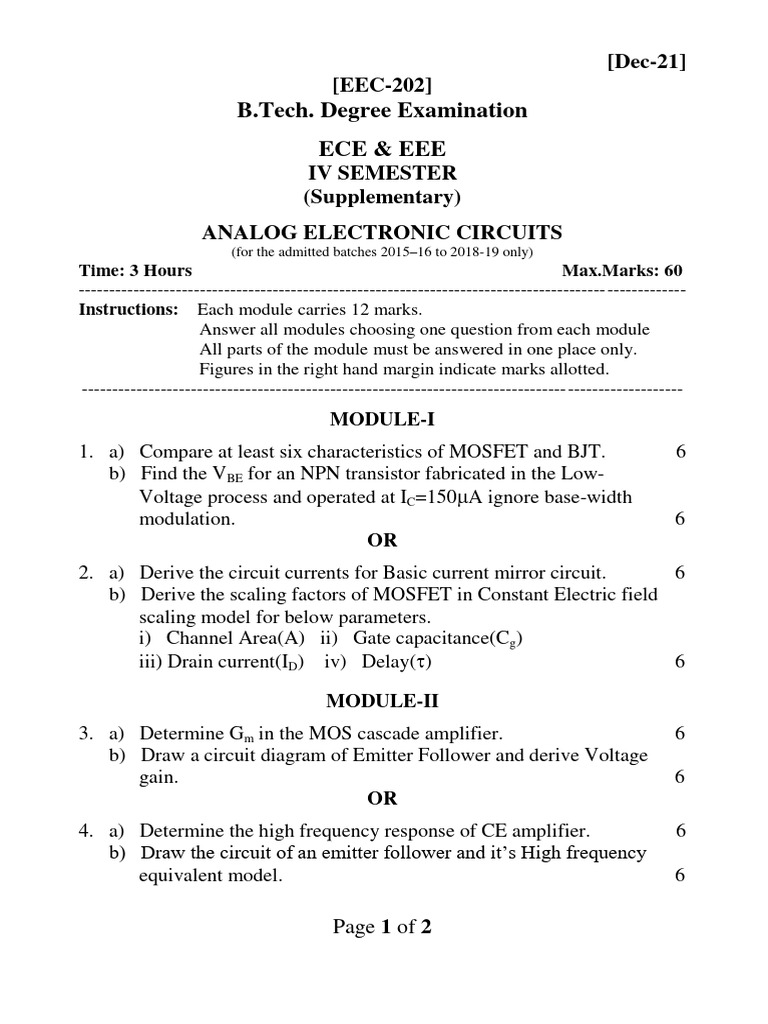 B.Tech ECE/EEE Analog Circuits Exam Guide | PDF | Amplifier | Mosfet