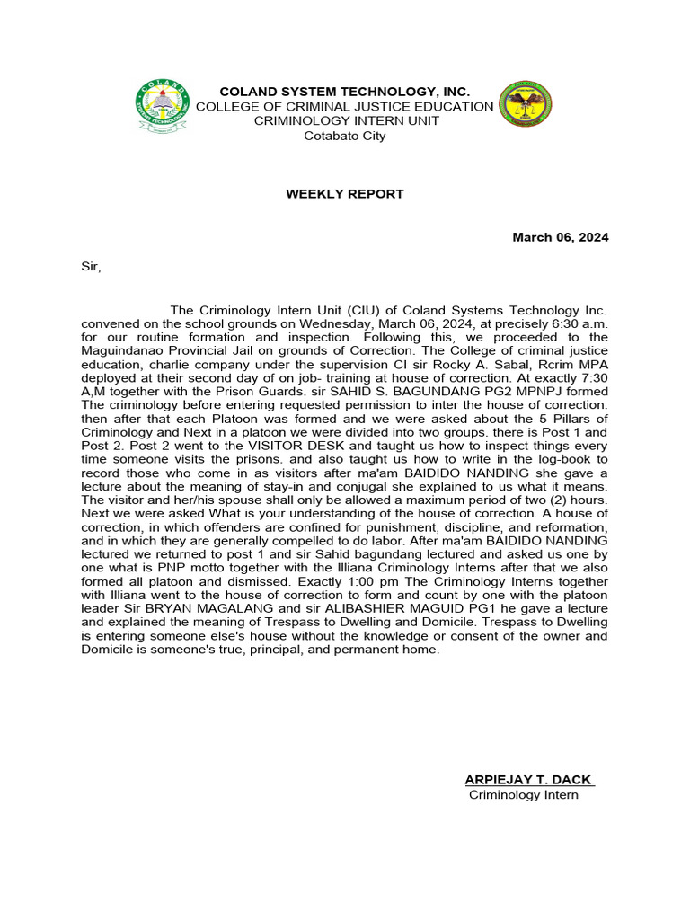 Criminology Intern Weekly Report | PDF | Prison | Misconduct