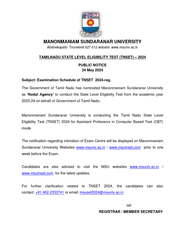 TNSET 2024 Exam Schedule Released | PDF | Science | Liberal Arts Education