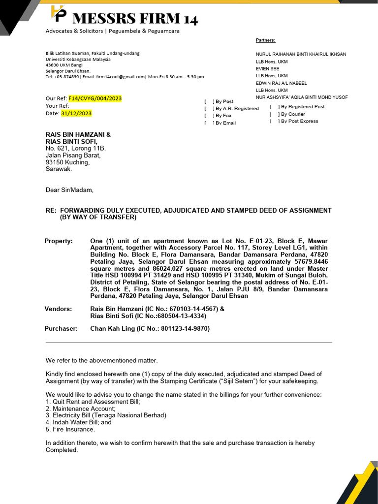 VS Letter To The Vendors Forwarding A Copy of The Duly Executed ...