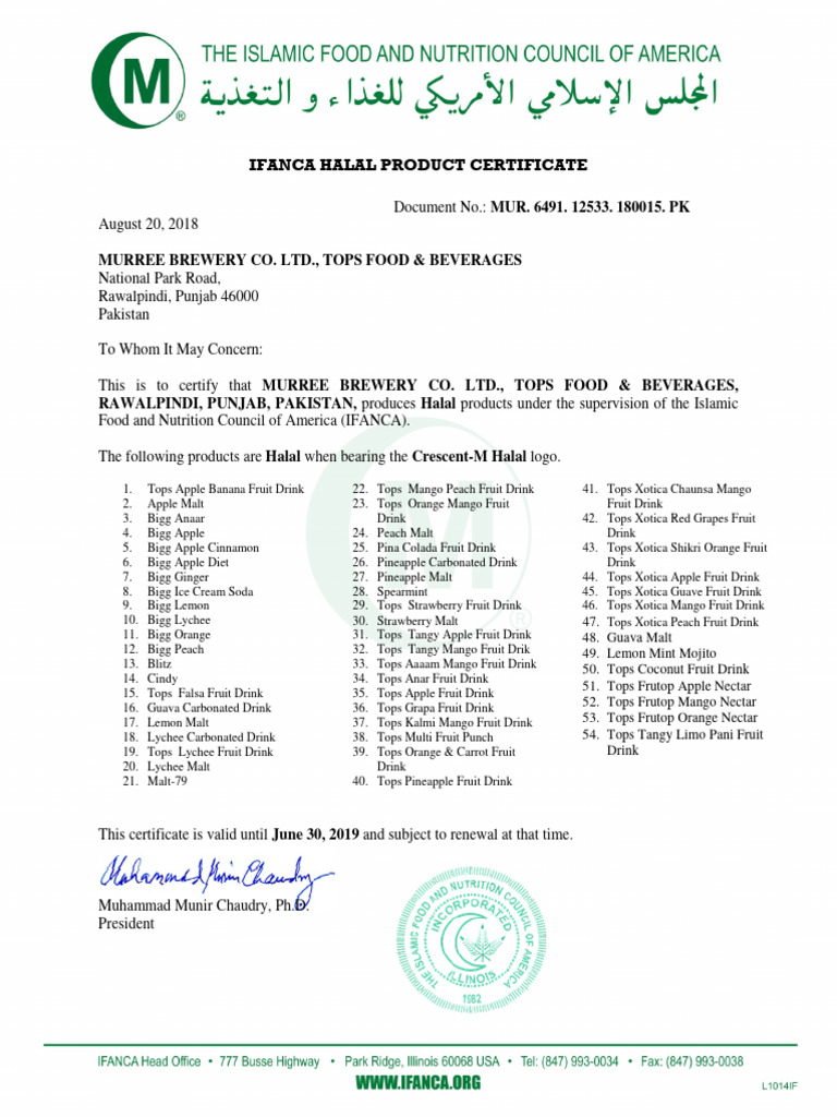 Murree Brewery Halal Certification Details | PDF | Drink | Fruit