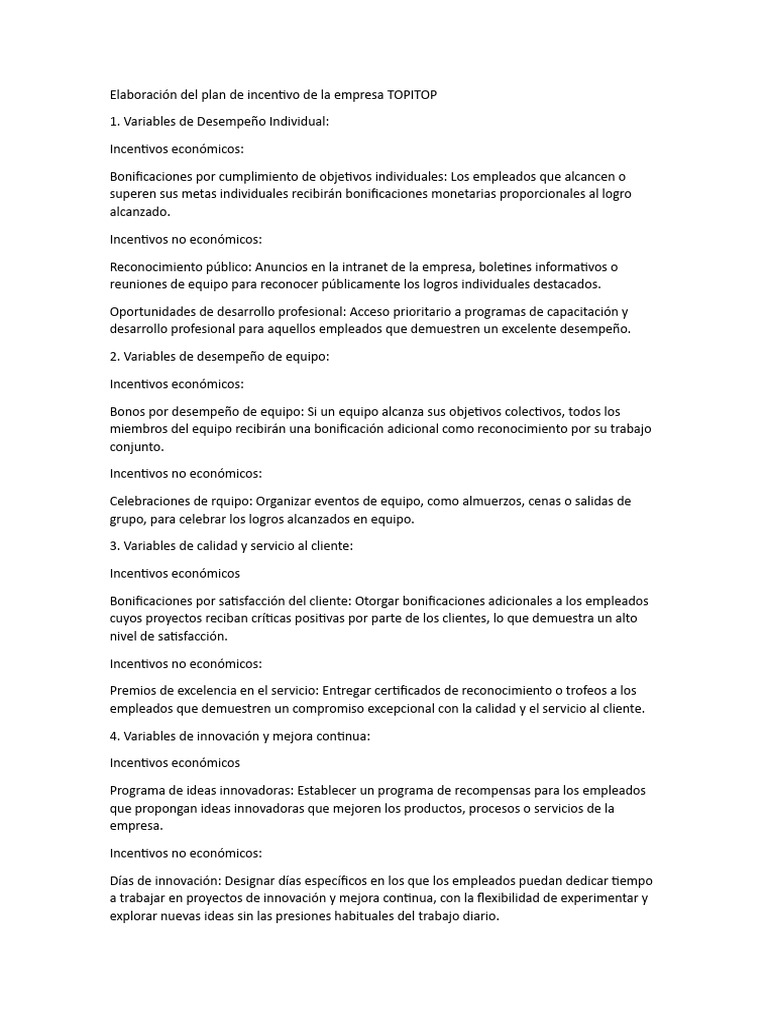 Plan de Incentivos para Empleados TOPITOP | PDF | Negocios