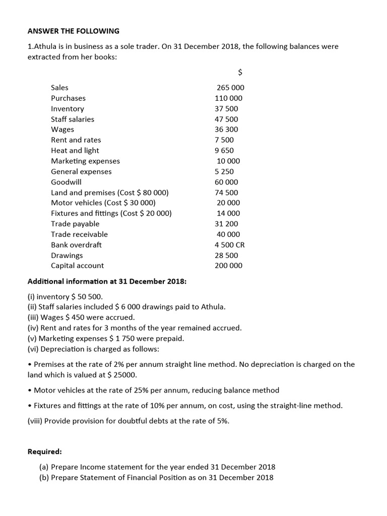 Final Account - Sole Trader - Practice Question | PDF | Expense ...