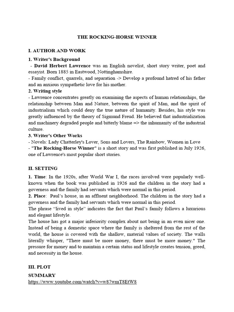 The Rocking Horse Winner ANALYSIS Download Free PDF Luck Greed