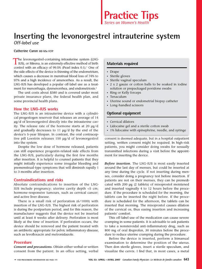Practice Tips Practice Tips: Inserting The Levonorgestrel Intrauterine ...