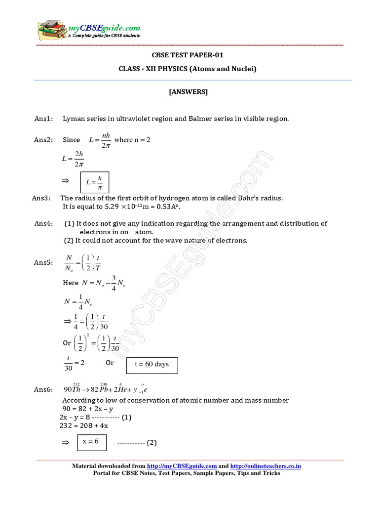 CBSE Class 12 Physics Test Paper: Atoms | PDF | Atomic Nucleus | Atoms