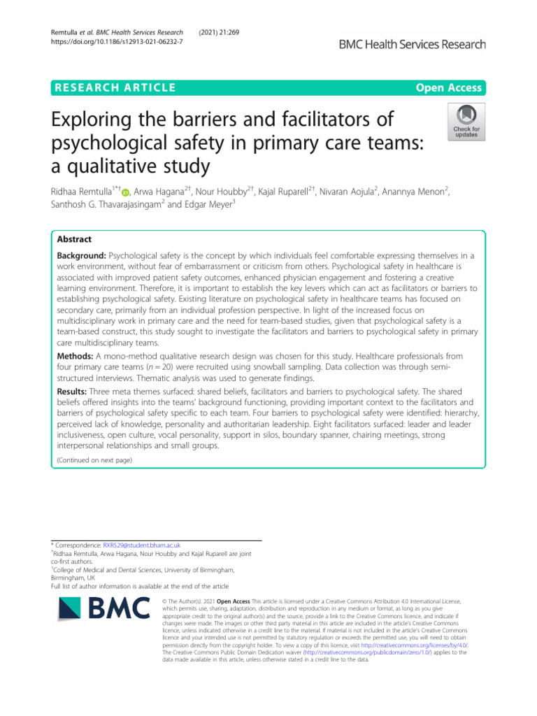 Exploring The Barriers and Facilitators of Psychological Bxo3697967 ...