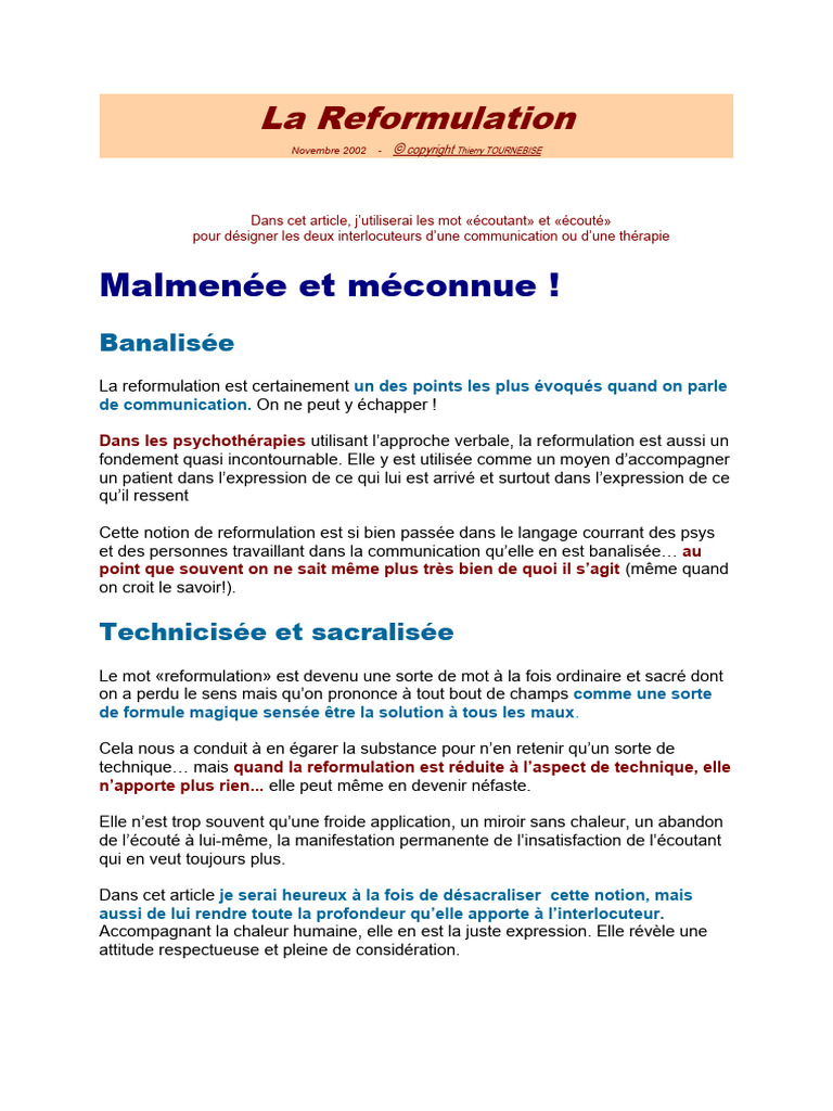 La Reformulation | PDF | Mensonge | Douleur