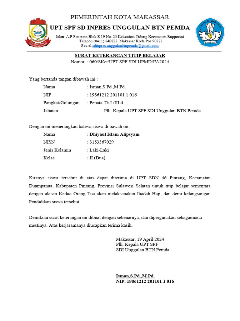Surat Keterangan Titip Belajar SD | PDF