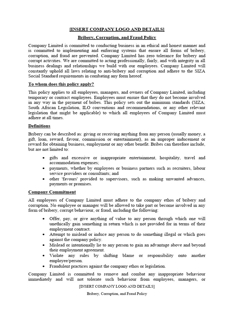 Bribery and Corruption Policy Template | PDF | Bribery | Corruption