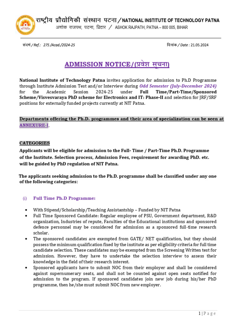 NIT Patna PhD Admission Notice 2024-25 | PDF | Doctor Of Philosophy ...