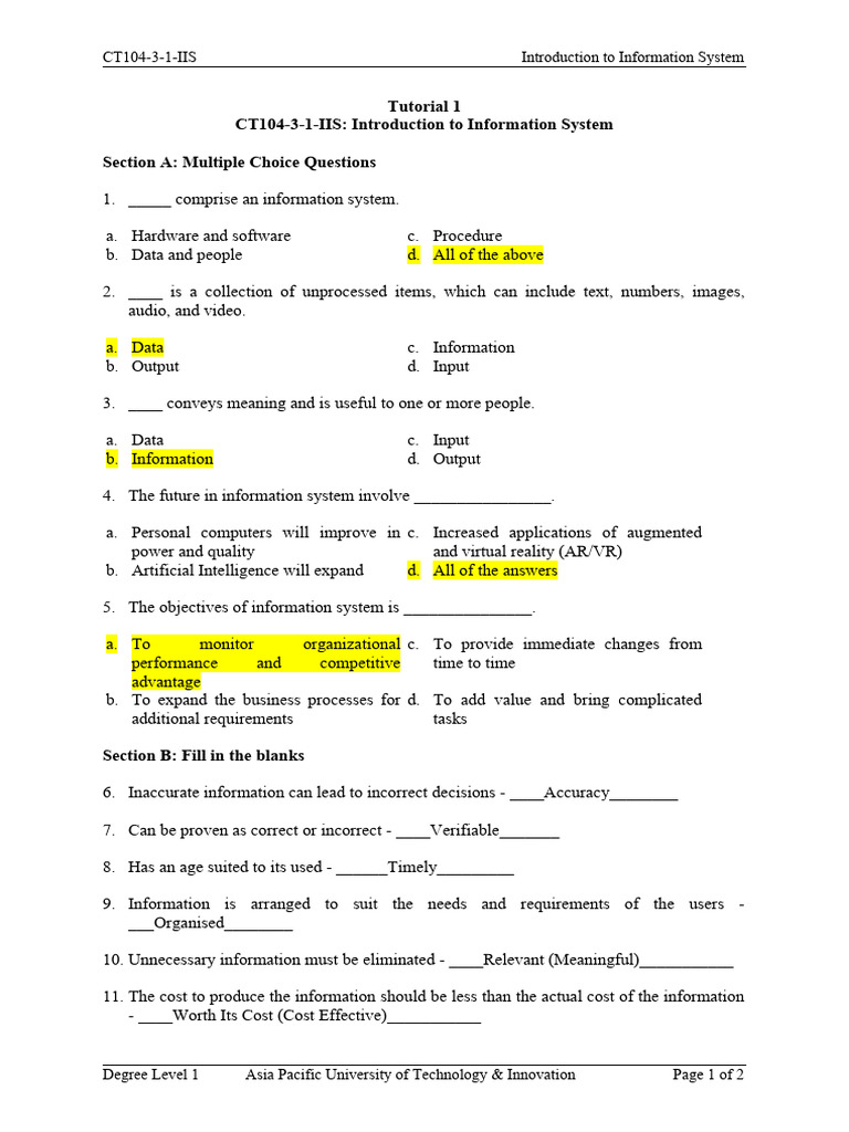01 Tutorial 1 Introduction To IS | PDF | Microsoft Word | Information