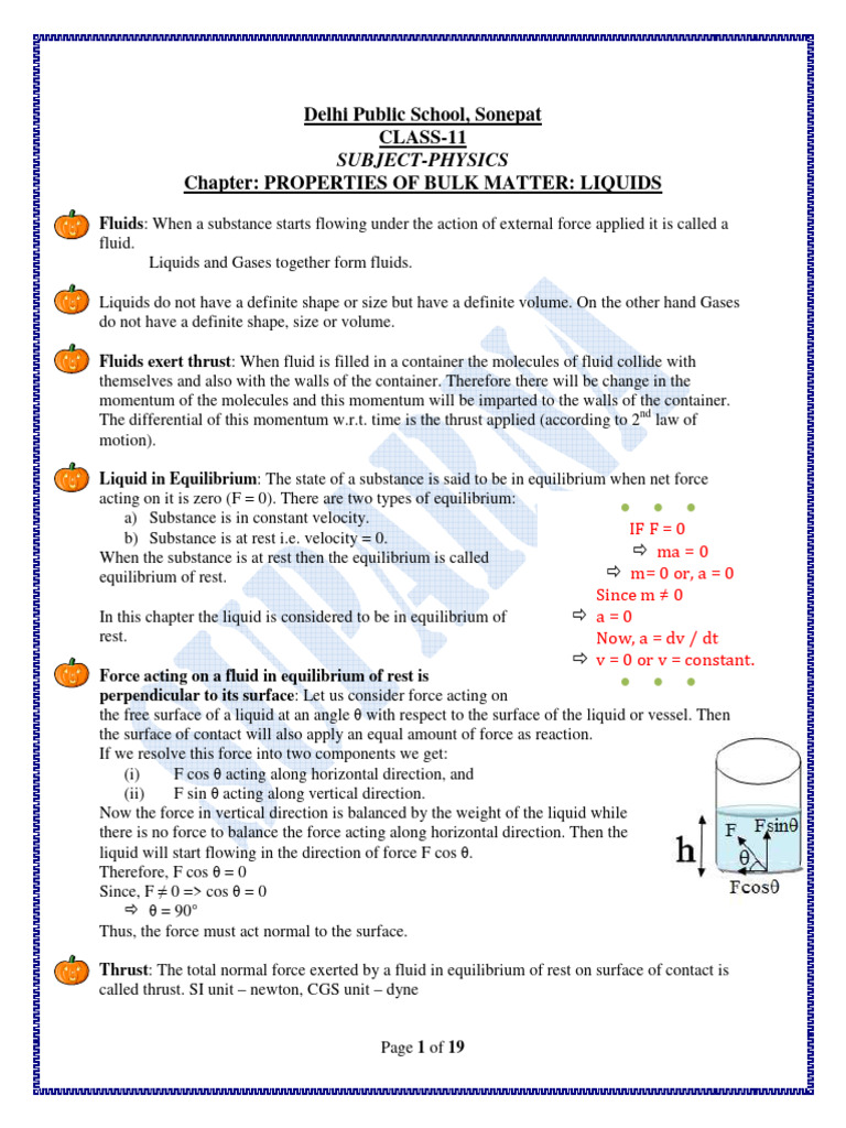 Ch 10 Fluids Notes Pdf Buoyancy Surface Tension