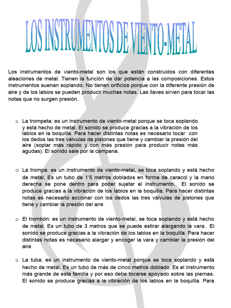 Instrumentos de Viento-Metal: Tipos y Sonido | PDF | Artes del Lenguaje ...