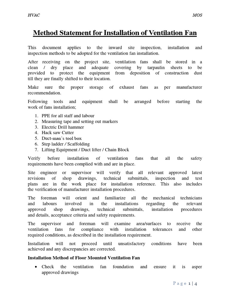 Method Statement For Installation of Ventilation Fan | Download Free ...