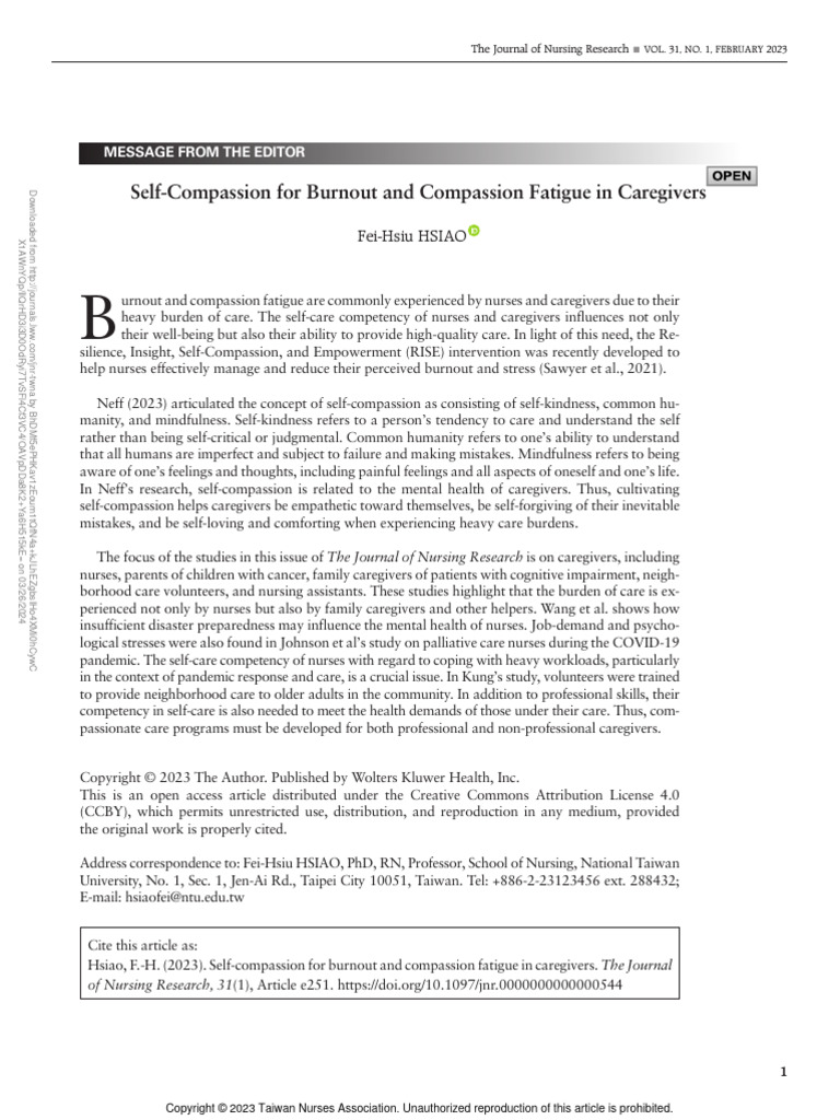 Self Compassion For Burnout And Compassion Fatigue 1 Pdf Caregiver