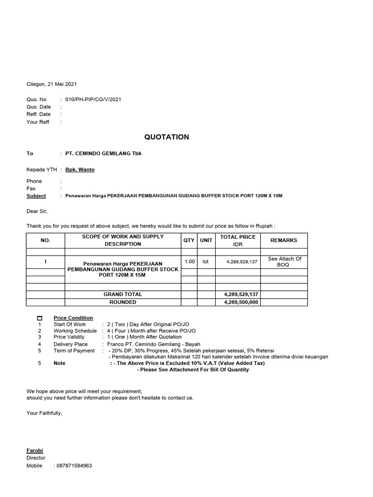 Quotation penawaran harga pekerjaan pembangunan gudang buffer stock