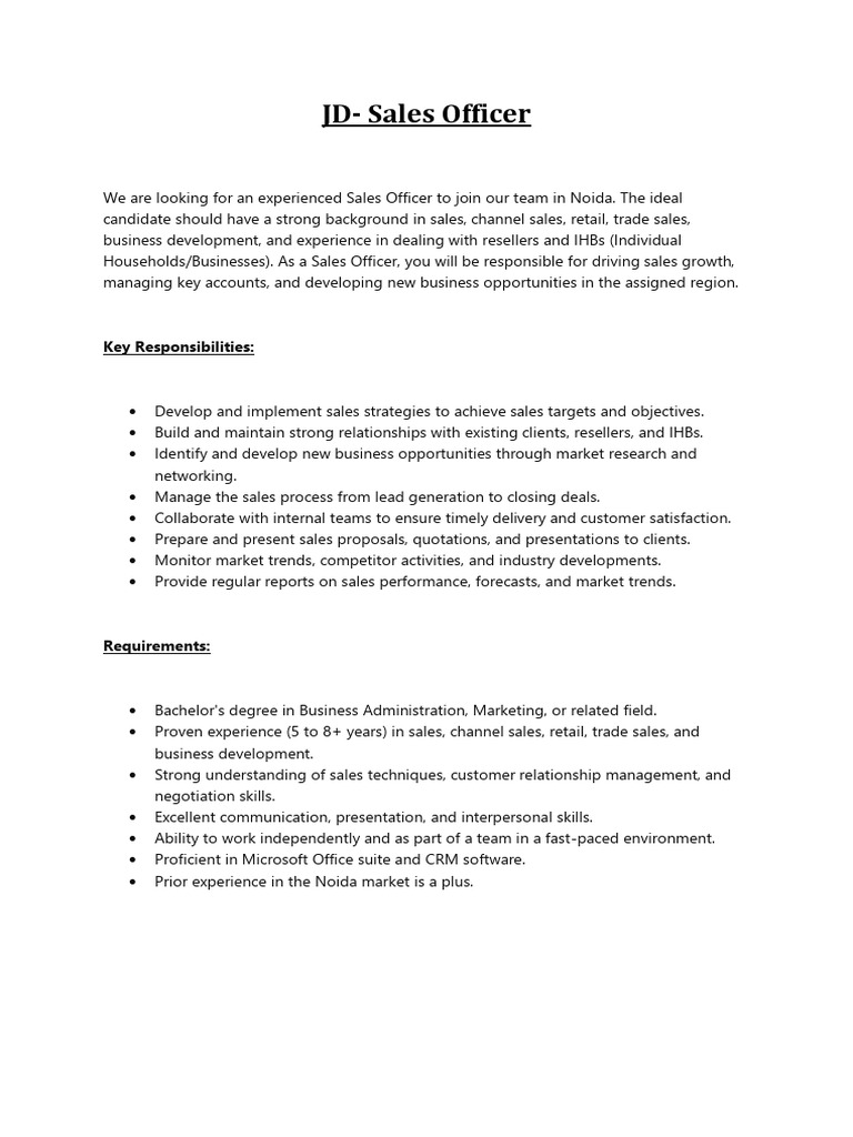JD - Sales Officer Role | PDF | Career & Growth | Business