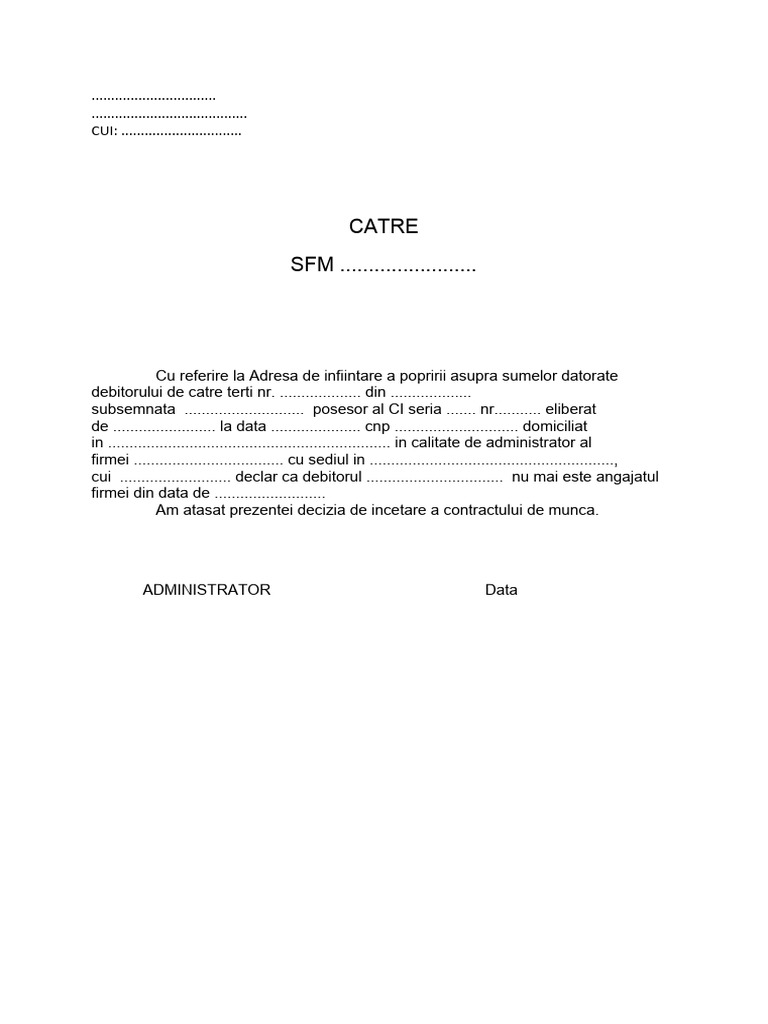 Adresa Incetare Poprire | PDF
