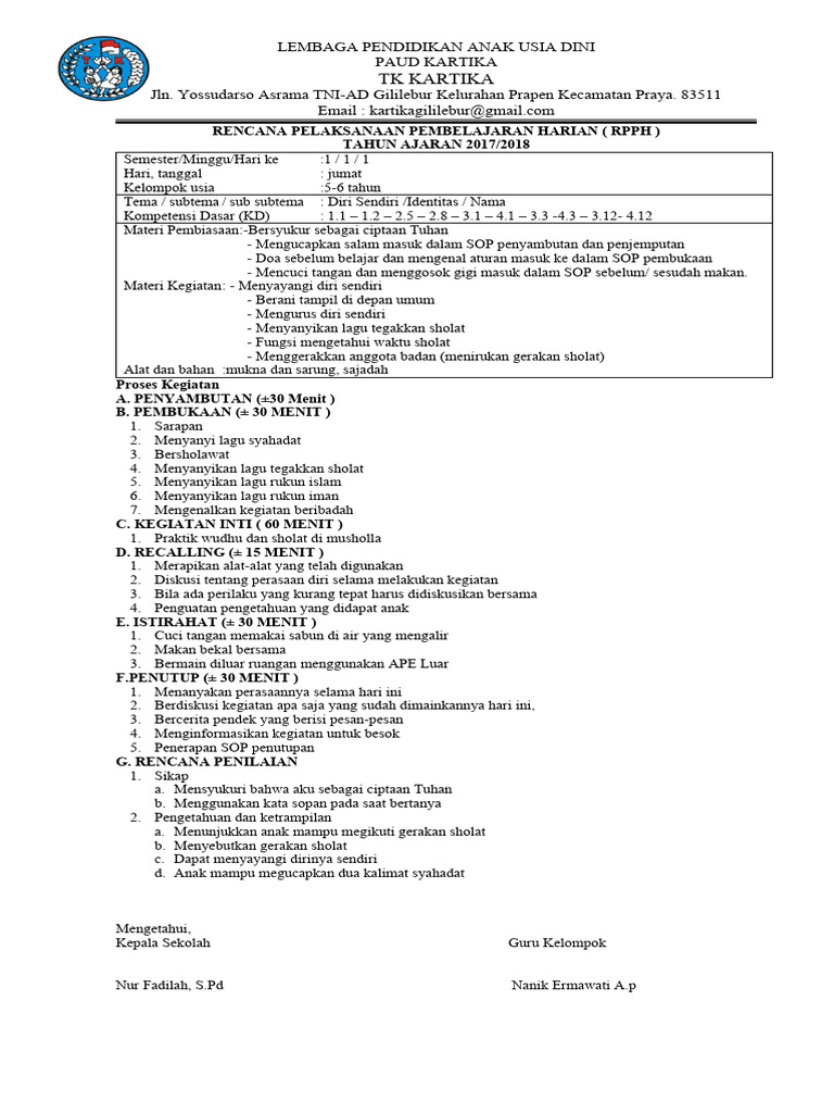 RPPH PAUD Tema Diri Sendiri 2017/2018 | PDF | Kesehatan Holistik
